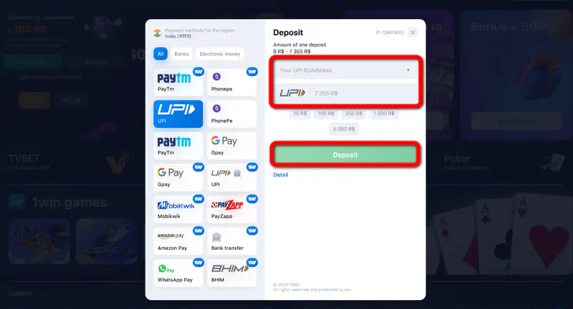 1win online payment