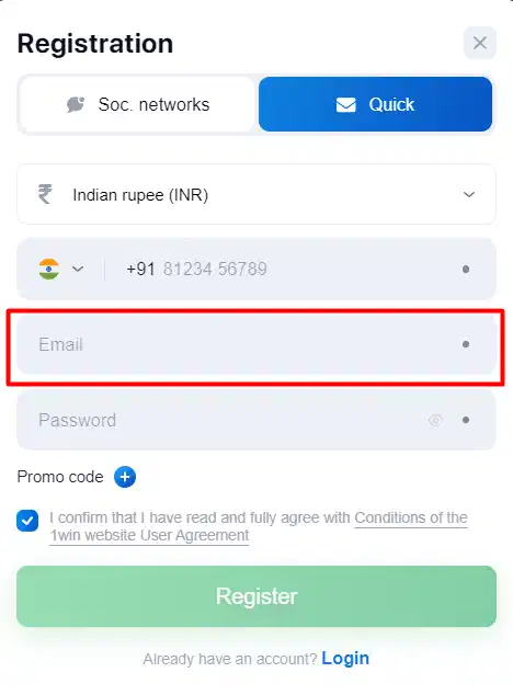 1win Registration by Email