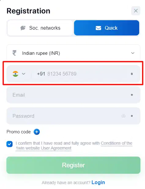 1win Registration by Phone Number