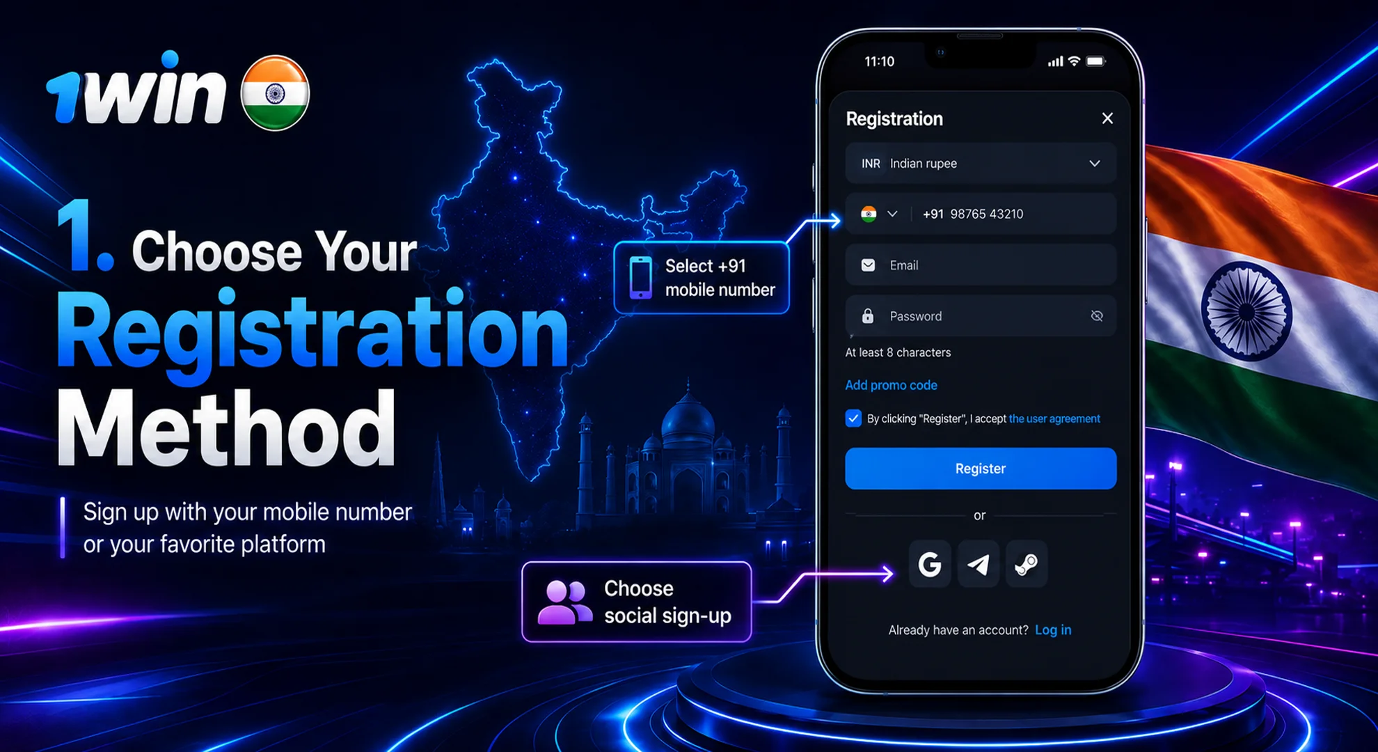 choose your registration method at 1win casino